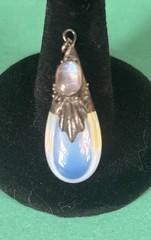 Vintage Sterling Silver Double Opalite Moonstone Drop Pendant Ornate Signed