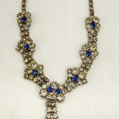 Vintage Y Drop Necklace Blue Clear Glass Rhinestones Wedding Prom 17 Inches