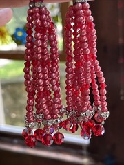 Vintage Super Long Dangle Drop Red Crystal Rivoli Pink Pearl Clip On Earrings