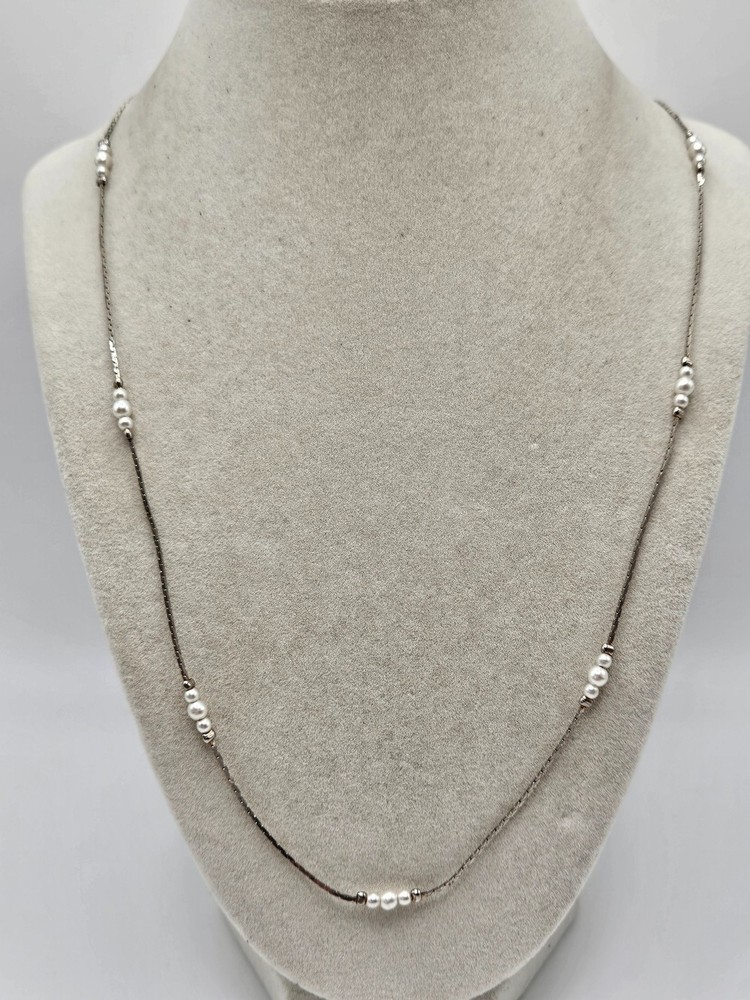 VINTAGE Dainty Silver Tone Faux Pearl Station Strand Necklace Korea