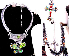 Chunky Mix Blue Red Rhinestone Figural Stone Necklace Bracelet 22 Pc Jewelry Lot