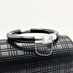 Art Deco Black Onyx Sterling Silver Bangle Bracelet Crystal Center 8” Wrist