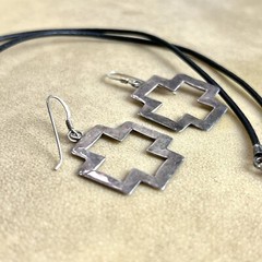 Maltese Cross Necklace & Earring Set on Black Leather Cord, 925 Sterling Silver