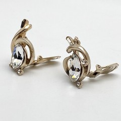 Vintage Reinad Clear Crystal Ribbon Clip Earrings Gold Tone Hollywood Regency