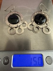 925 Sterling Silver Vintage Black Onyx Hammered Circles Dangle Earrings 2.25 in