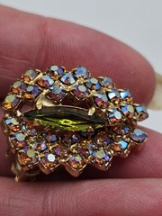 Vintage Olive Marquis & Aurora Borealis Rhinestone Brooch And Earrings Demi…