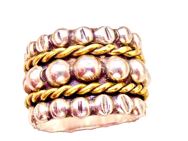 VINTAGE 925 STERLING SILVER HALLMARKED B SILVER AND GOLD BAND SIZE 5 RING