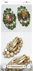 Documented Juliana D&E UV Reactive Art Glass Green Rhinestone Clip Earrings