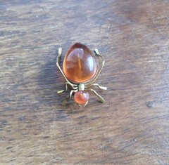 Vintage Russian USSR Baltic Amber Ant Bug Brooch Pin Gold Tone Spider Signed