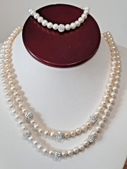 Vintage Sterling Silver Cultured Pearl Crystal Rondelle Necklaces Bonus Bracelet