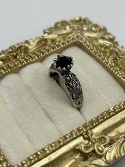 Vintage Gothic Black Stone Ring Size 7 Silver Tone Scroll Filigree Victorian