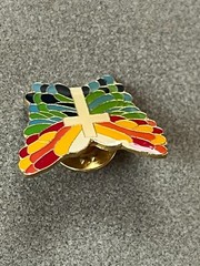 Vintage Red Yellow Blue Green Enamel Butterfly w White CROSS Goldtone Lapel Hat