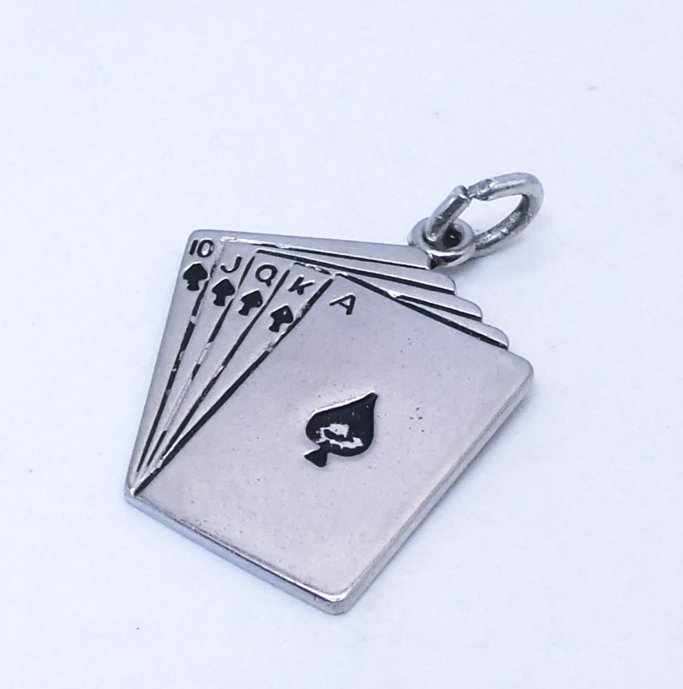 Royal Flush Spades Playing Cards Vtg Silver Charm Necklace Pendant