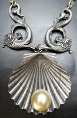 JOSEFF OF HOLLYWOOD Book Piece Fish Serpent Silver Tone Faux Pearl Necklace