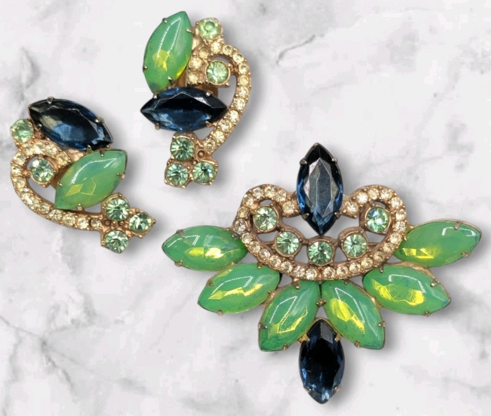 Verified Juliana Green Opal Blue Rhinestone Brooch Clip Earrings Set *Modified*