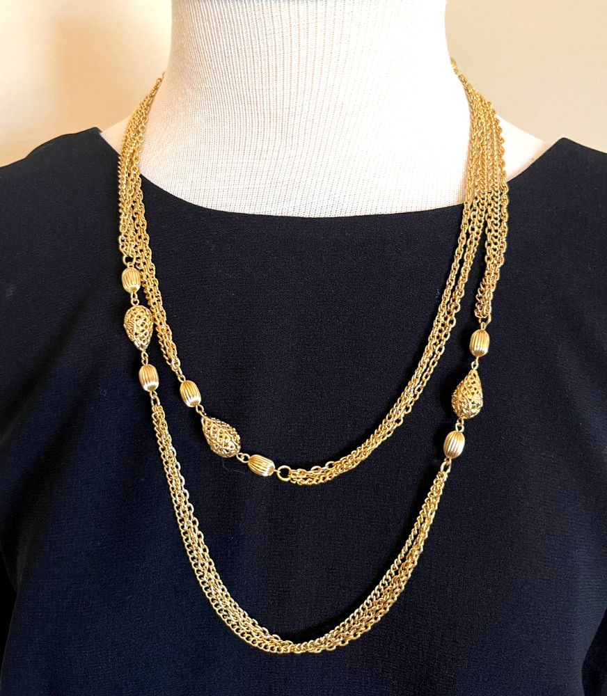 Vintage Long Gold Tone Multi Strand Chain Necklace Filigree Textured Balls 51″