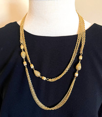 Vintage Long Gold Tone Multi Strand Chain Necklace Filigree Textured Balls 51″