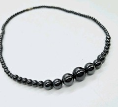 Hematite Beaded Graduated Necklace Black Ball Vintage Couture Silver tone 17.5″