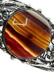 Antique Victorian Sterling Silver 925/1000 Banded Agate Flower Pendant 3” Long