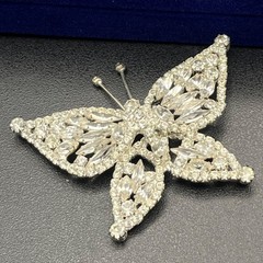 Mid Century Rhinestone Butterfly Brooch Silver Tone Navette Wings