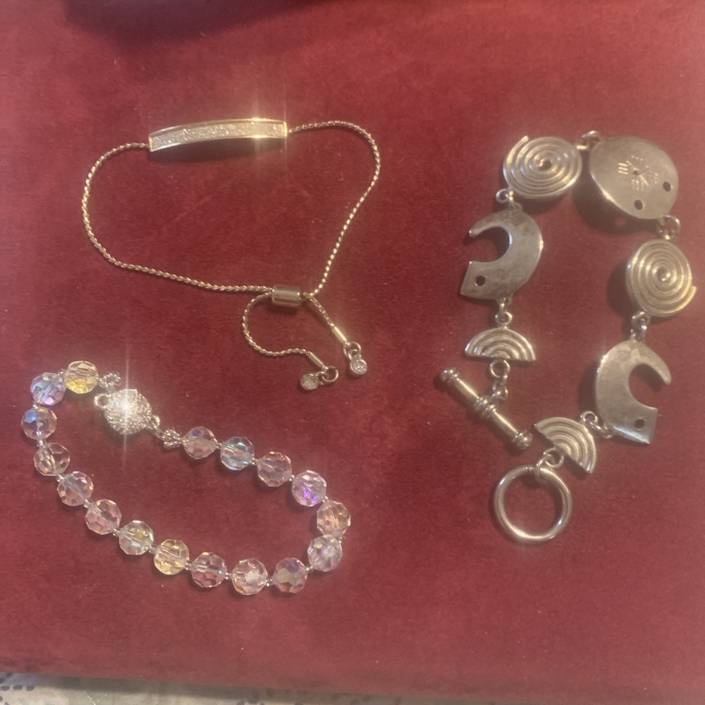 3 Piece Vintage Bracelets Lot Crystal, Silver Made By Best, Gold Tone Lariat