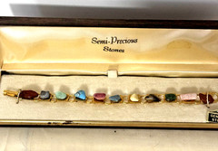 Unique Mid Century Semi Precious Genuine Stones Gold Tone Link Bracelet & Case