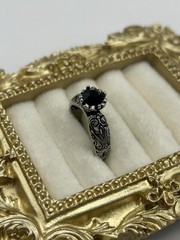 Vintage Gothic Black Stone Ring Size 7 Silver Tone Scroll Filigree Victorian