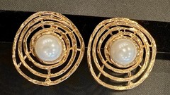 Vintage Gold Faux Pearl Swirl Earrings Huge Statement Ripple Oval Runway 1980s