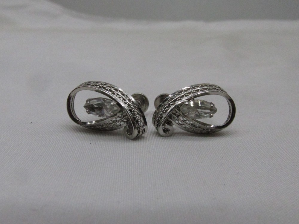 Vintage Ann Lee Sterling Silver Rhinestone Screw Back Earrings .75 x .5″ #813