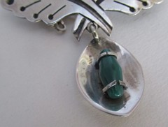 VINTAGE MEXICO STERLING NECKLACE PENDANT BROOCH w CHRYSOPRASE, 2 1/4 INCH PENDT
