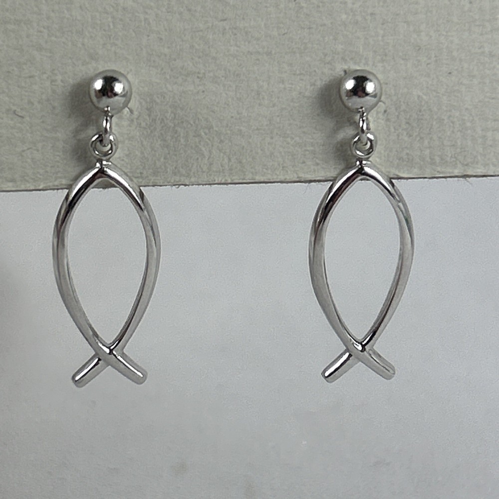Christian Jesus Fish Dangling Earrings For Pierced Ears Sterling Silver 1” Theda