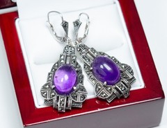 925 Sterling Silver Antique Art Deco Drop Earrings 12.00 ct Amethyst Markasite