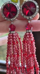 Vintage Super Long Dangle Drop Red Crystal Rivoli Pink Pearl Clip On Earrings