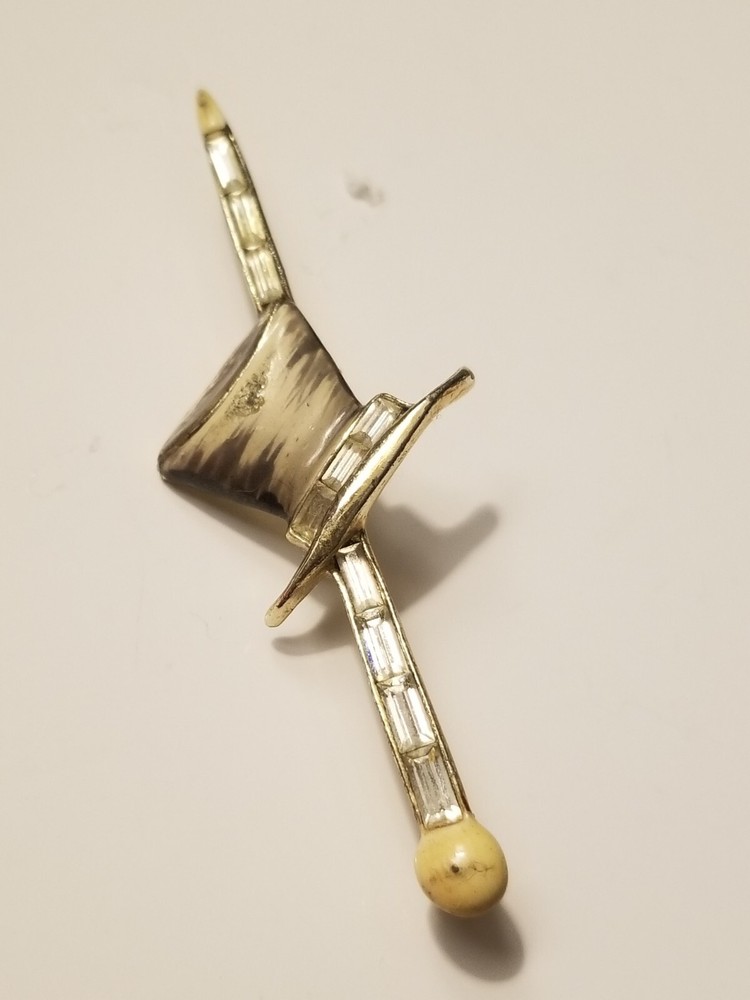 Vintage Top Hat And Cane Bar Pin Rhinestones And Enamel
