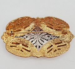 VTG Art Deco Style Brooch 2.5in Two Tone Filigree Domed Openwork Heavy 3D Estate