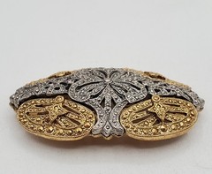 VTG Art Deco Style Brooch 2.5in Two Tone Filigree Domed Openwork Heavy 3D Estate
