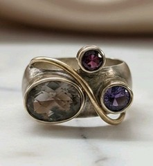 Sterling Silver 925 Artisan Cuff & Ring Set Mixed Metal Gold Accents Multi Stone