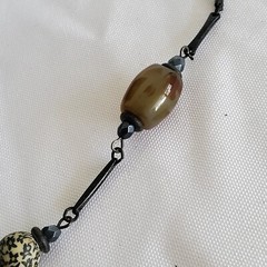 Faux Jasper Glass & Metal Beads Gun Black Alloy Chain Link Pendant Necklace 17″
