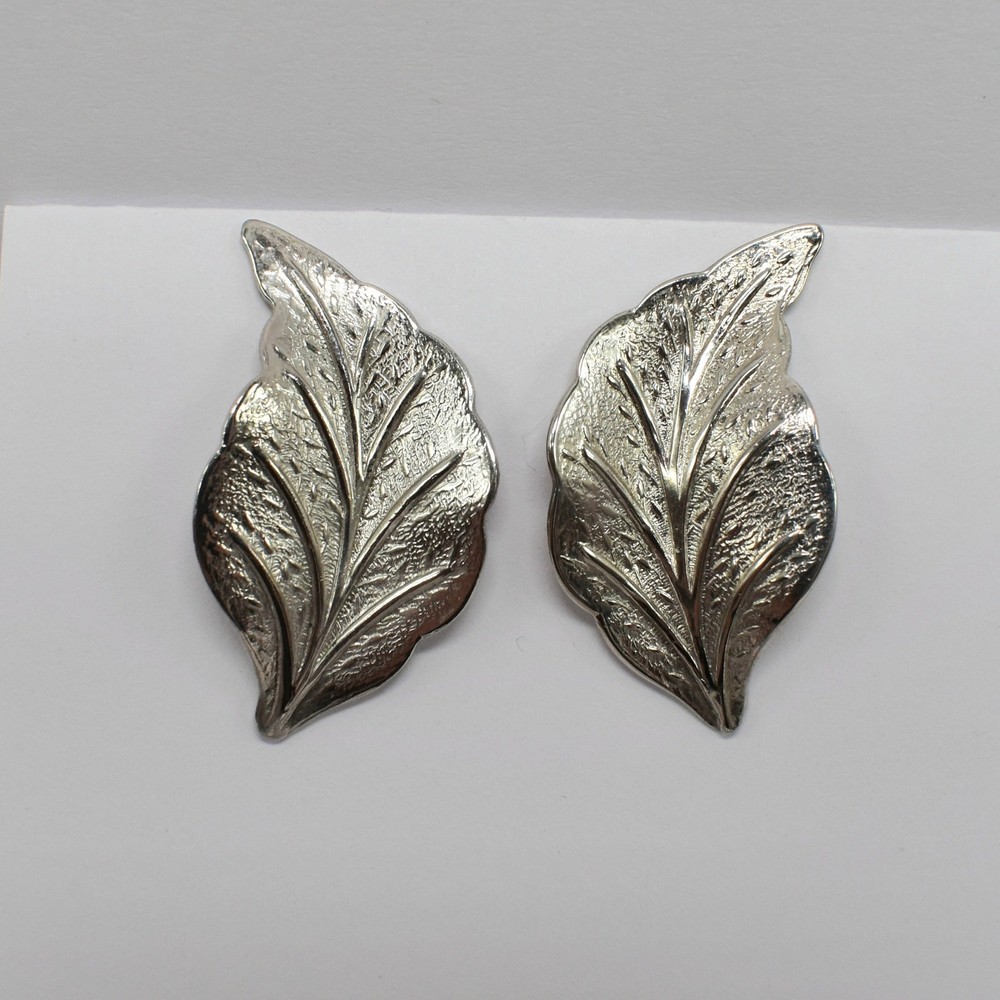 Vintage Silver Leaf Stud Statement Earrings Textured Botanical Nature Boho Chic
