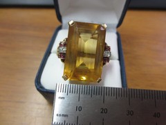 Vintage 14KT Solid Yellow Gold Huge (26mm x 17mm) Yellow Topaz Ring w/ Ruby & Di