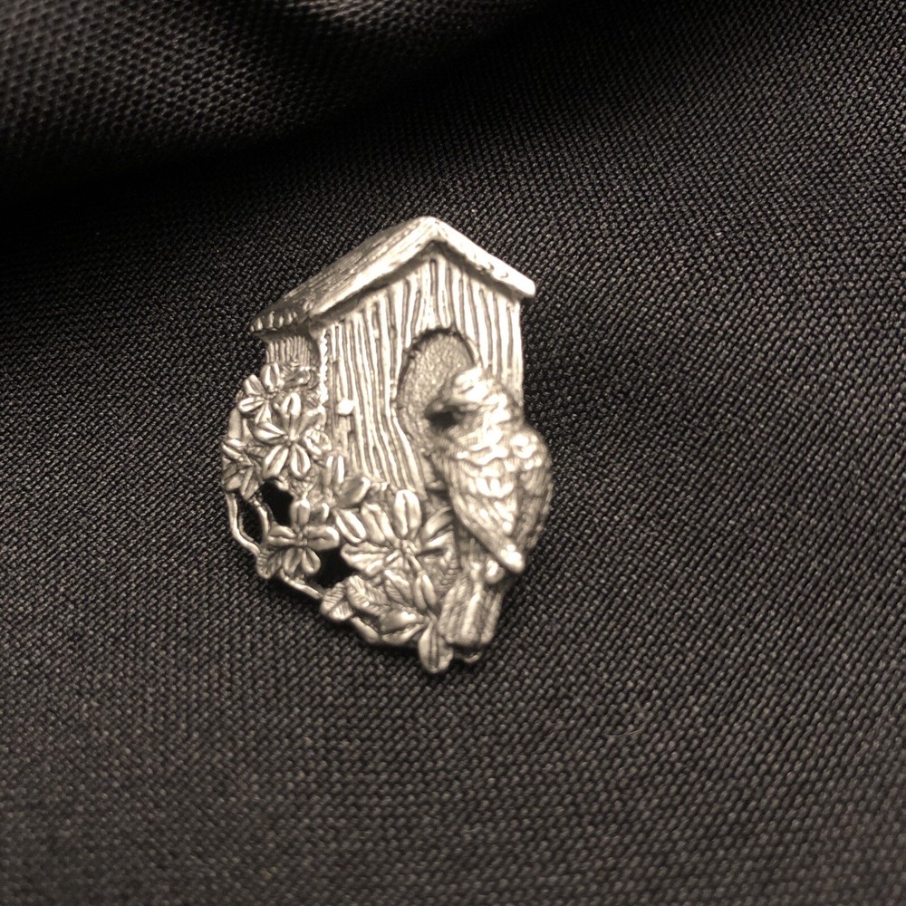Vintage Birds and Blooms Limited Edition Pin 1997 Small Pewter Gray Birdhouse