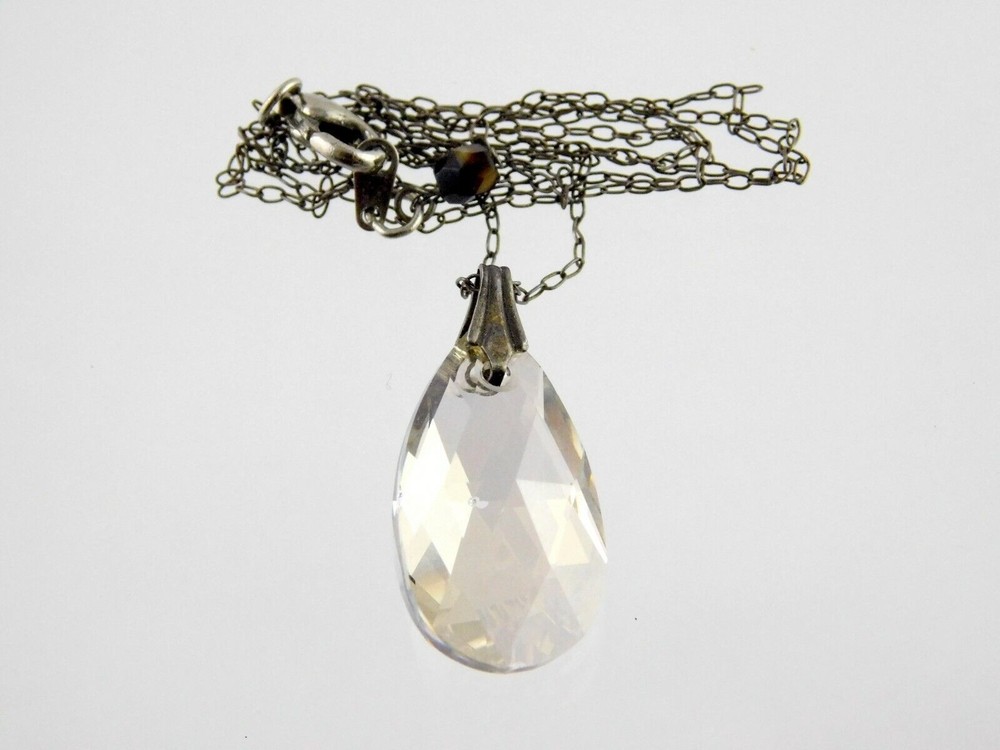 Vintage Sterling Silver Faceted Glass Drop Pendant Necklace 17.75 Inch Chain 925