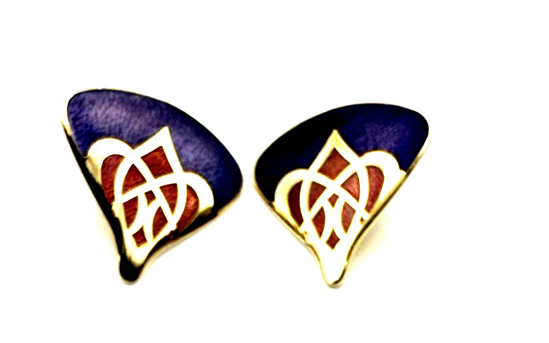 Vintage Purple Red Cloisonné Enamel Fan Gold Tone Pierced Stud Earrings