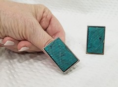 Vintage Fluted Faux Turquoise Cabochon Silver Tone Rectangular Clip On Earrings
