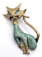 Vintage Atomic Cat Brooch Teal Enamel Gold Tone Mid Century Modern Space Age Pin