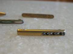 Lot 5 Antique Bar Pins Gemstones? Shell, Etched Floral, Solid Gold Top