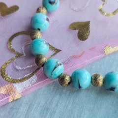Vintage Lampwork Aqua Blue Glass Bead Necklace Textured Brass Spacers Art Glass