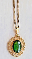 Title Vintage Sorrento 1/20 12KT Gold Filled Green Cabochon Filigree Pendant