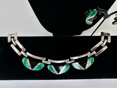 Vintage Taxco TS-108 925 Silver Malachite Onyx Necklace Bracelet Earrings