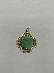 Antique Vintage Asian Style 14k Yellow Gold Pendant With Garved Jade Gemstone